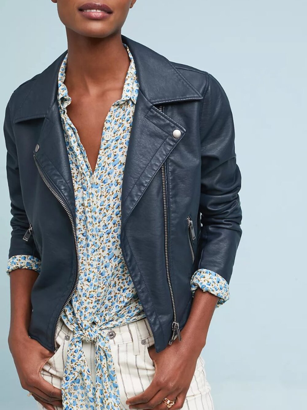 Anthropologie Navy Blue Faux Leather Moto Jacket NWT Size M